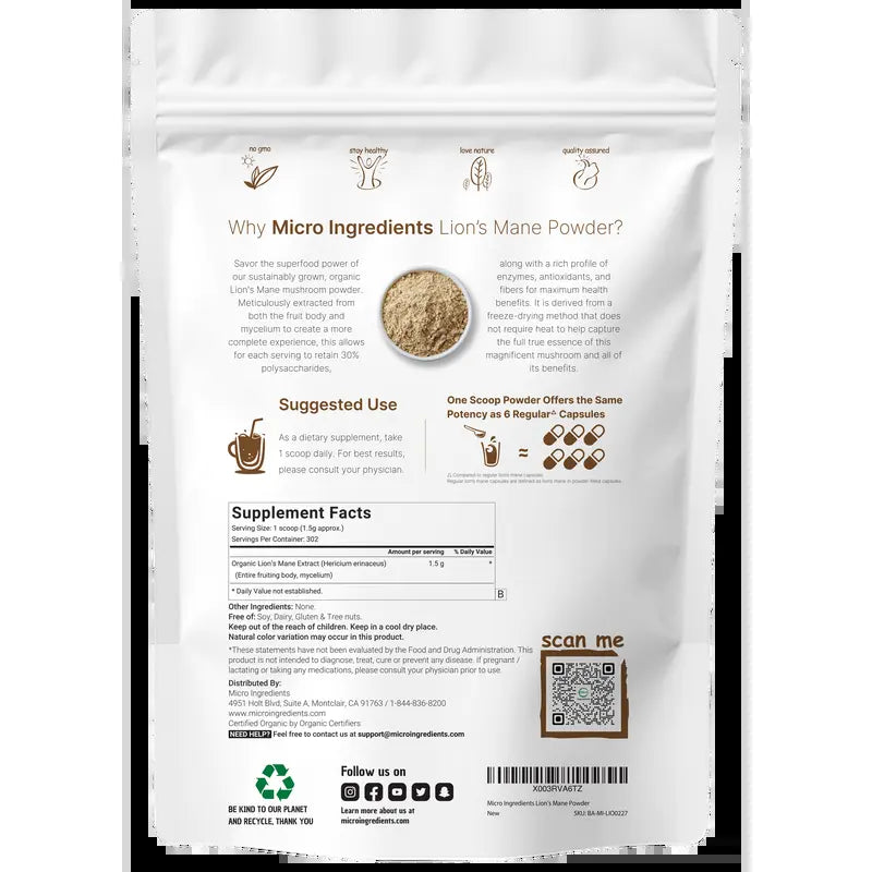 Micro Ingredients Organic Lions Mane Mushroom Supplement Powder